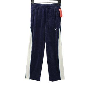 Puma Velour Track Pants Boys L Elastic Waist Drawstring Blue White Stripe NEW